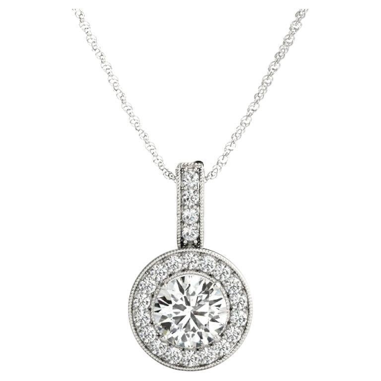 GIA Certified 2.09ct Round Diamond Double Halo White Gold Pendant Necklace