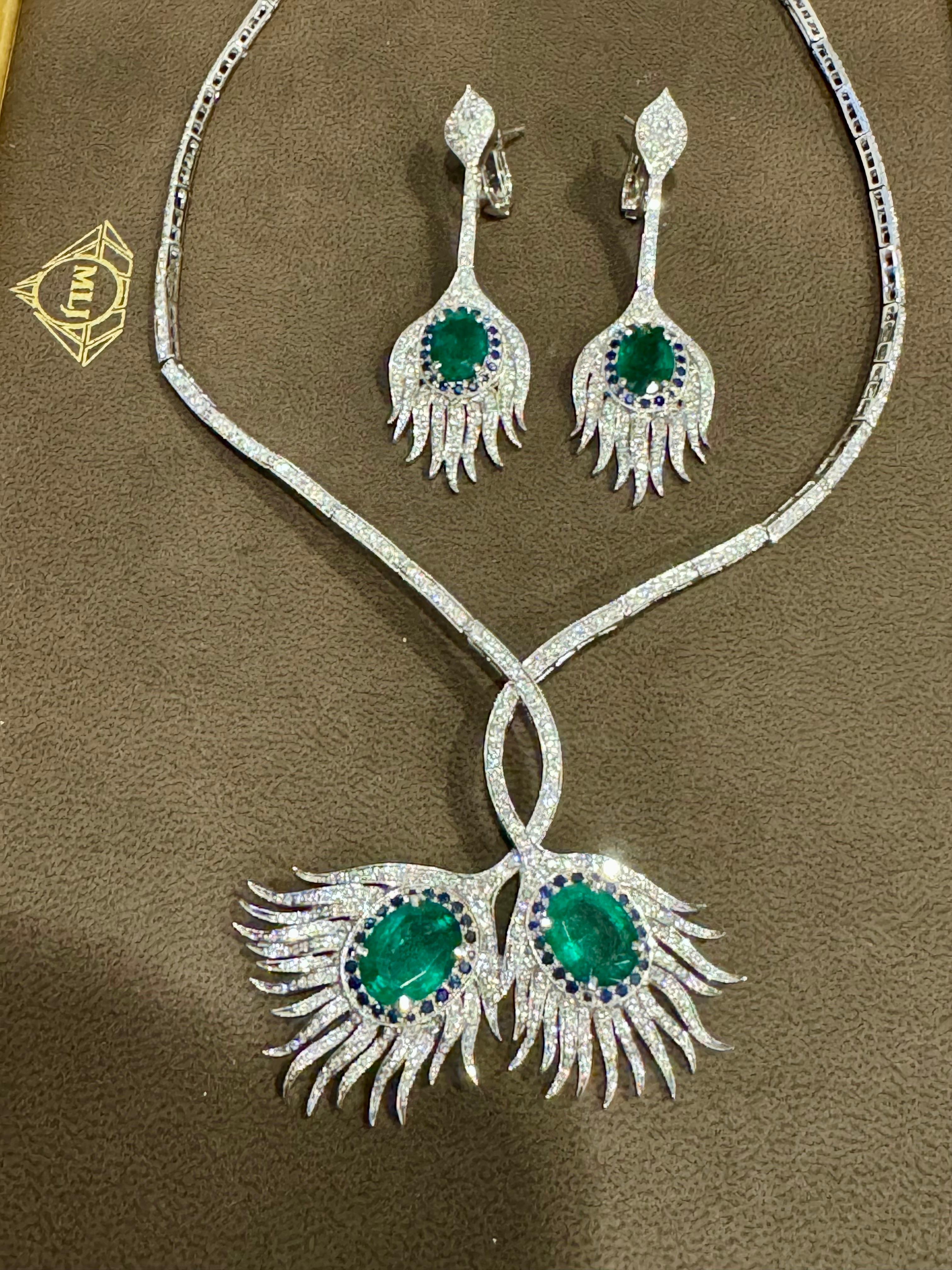 GIA Certified 20ct Zambian Emerald & 15ct Diamond Necklace Earring Suite 18KWG en vente 6