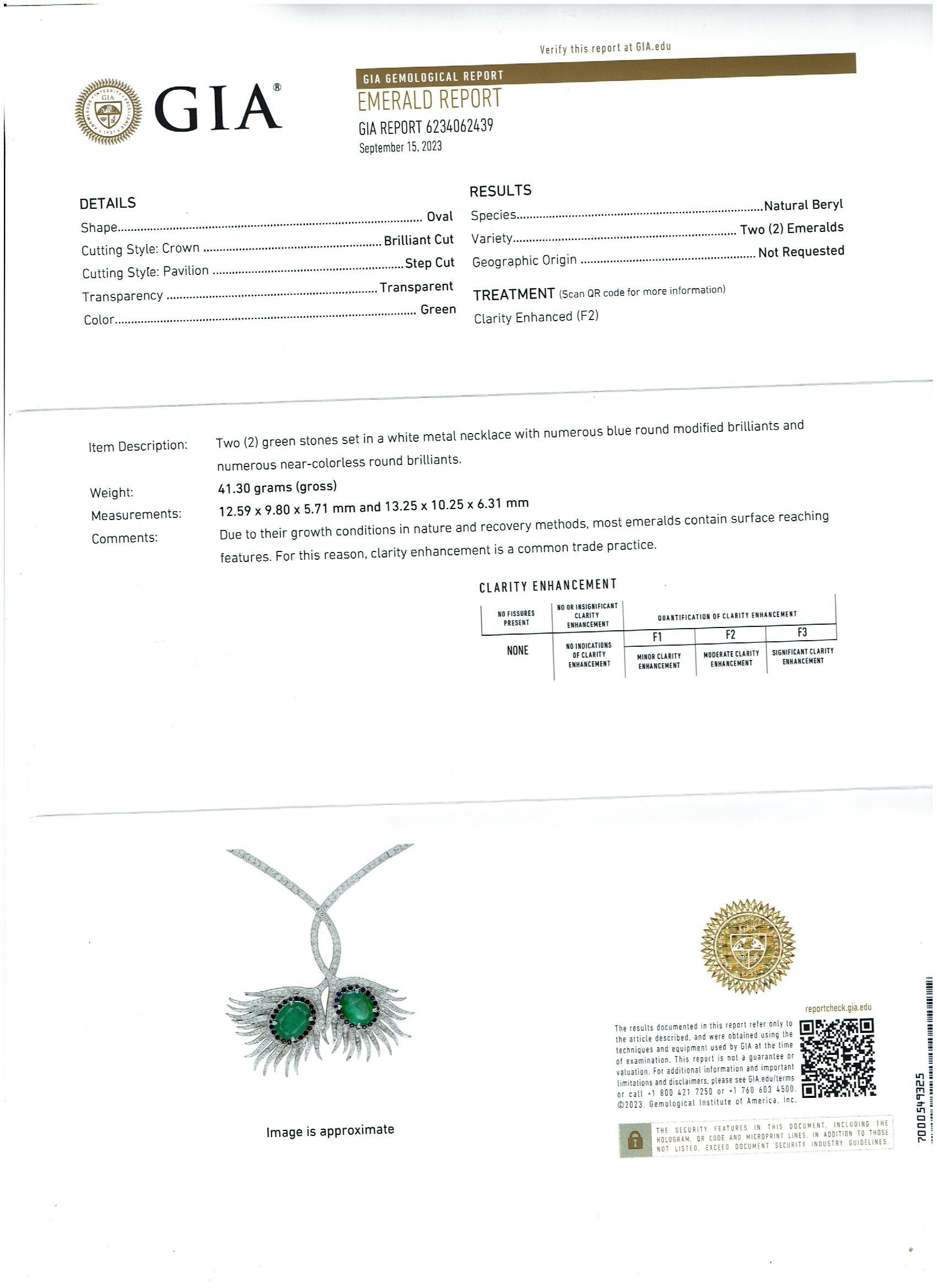 GIA Certified 20ct Zambian Emerald & 15ct Diamond Necklace Earring Suite 18KWG en vente 9