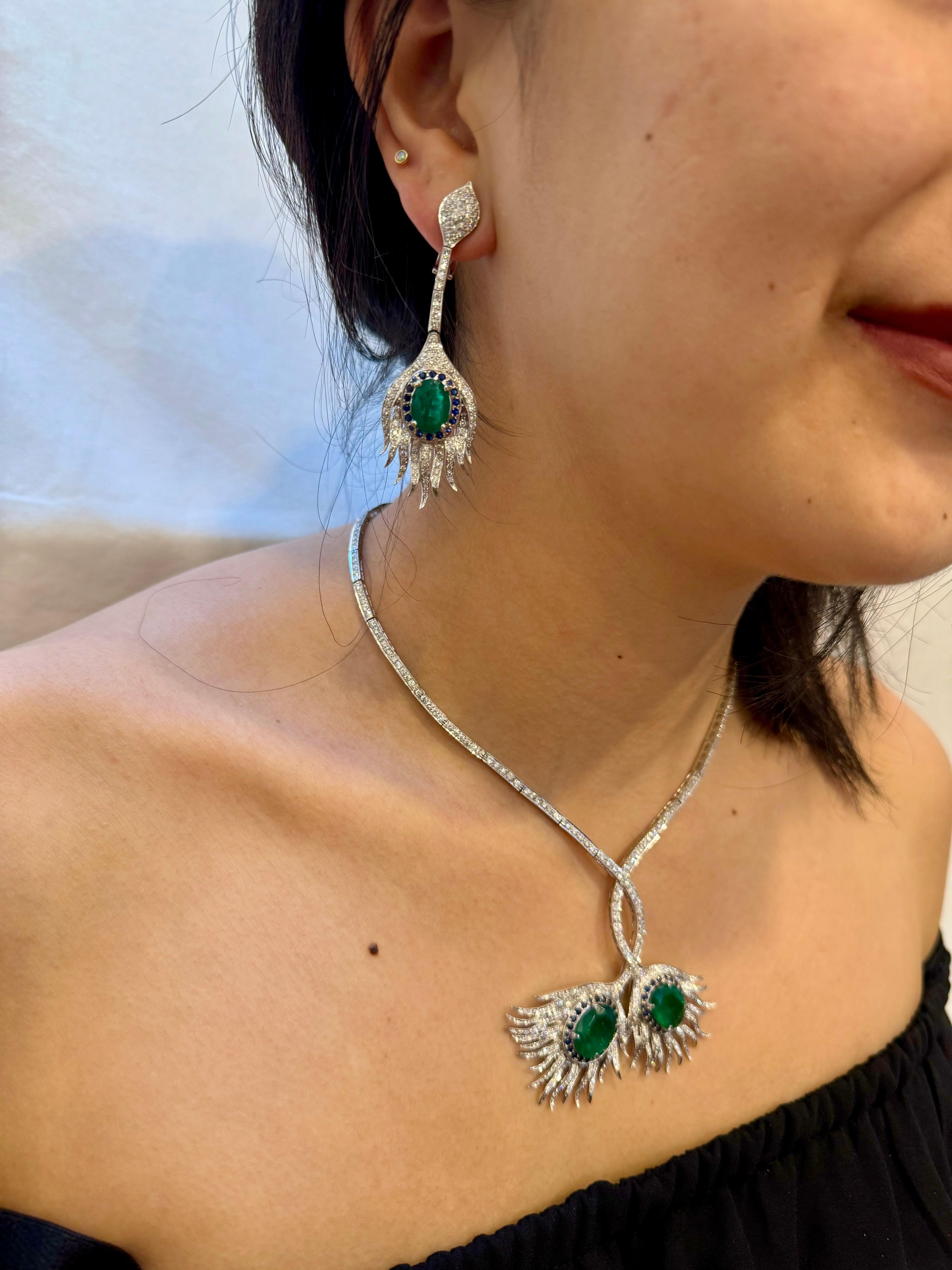GIA Certified 20ct Zambian Emerald & 15ct Diamond Necklace Earring Suite 18KWG en vente 13
