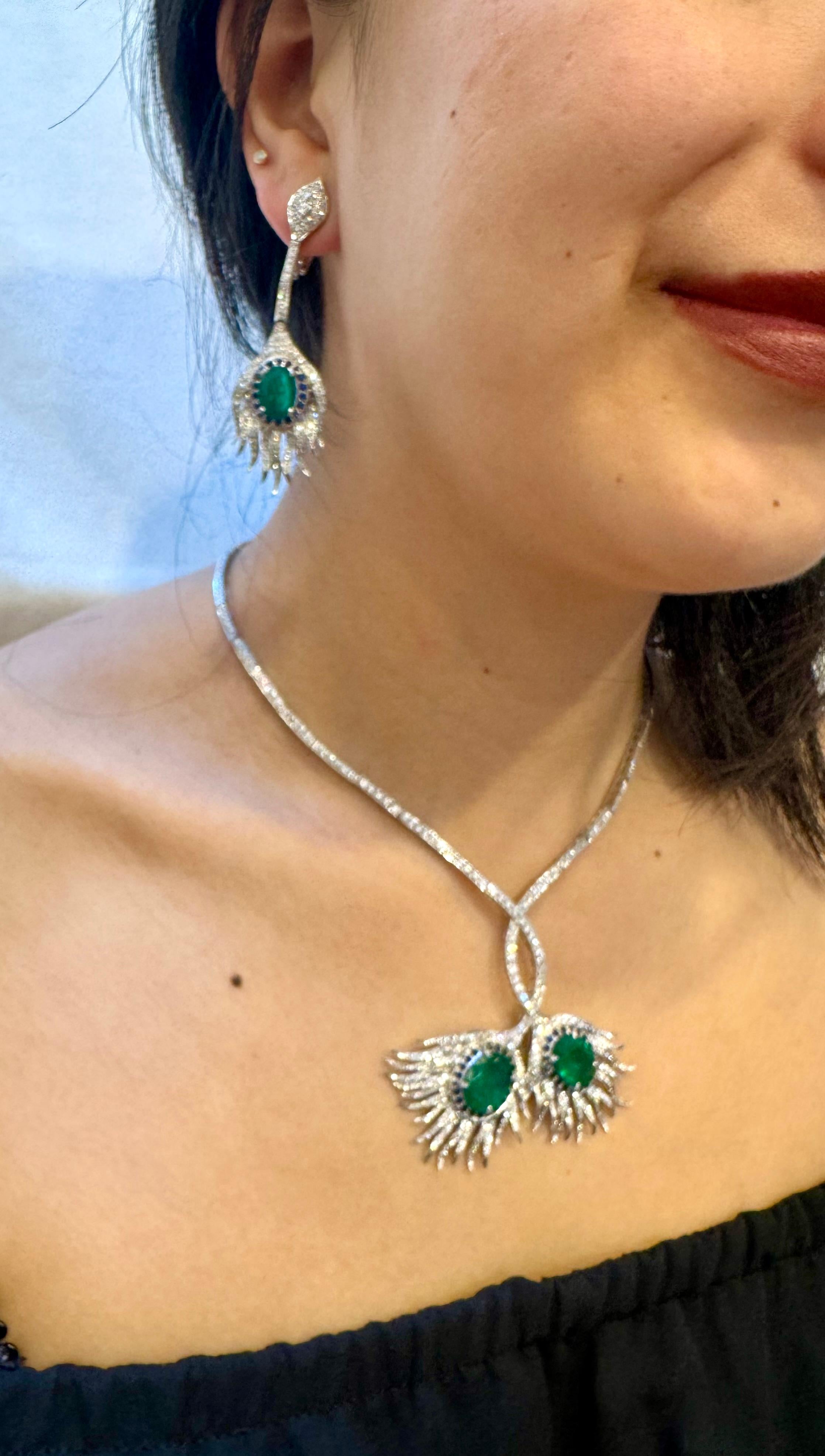 GIA Certified 20ct Zambian Emerald & 15ct Diamond Necklace Earring Suite 18KWG en vente 14