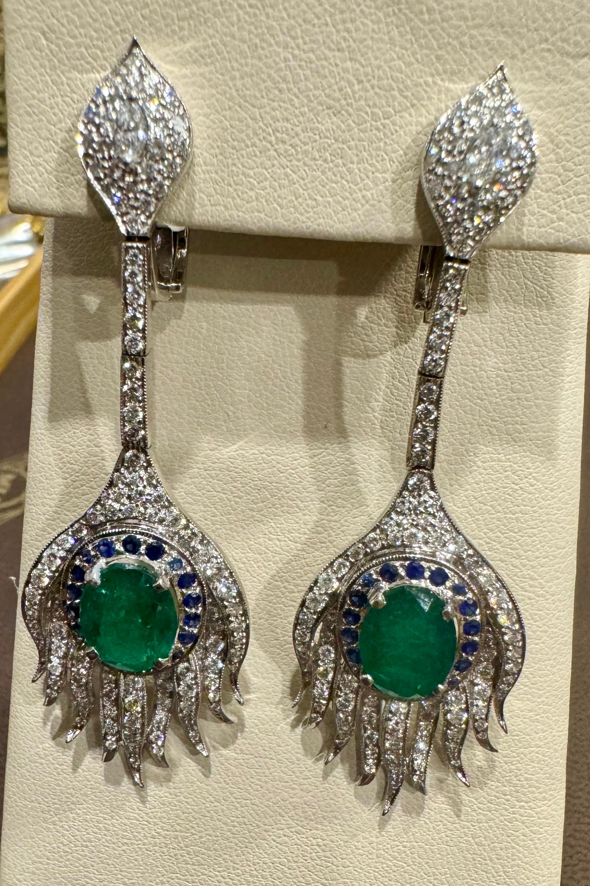 GIA Certified 20ct Zambian Emerald & 15ct Diamond Necklace Earring Suite 18KWG In Excellent Condition For Sale In New York, NY