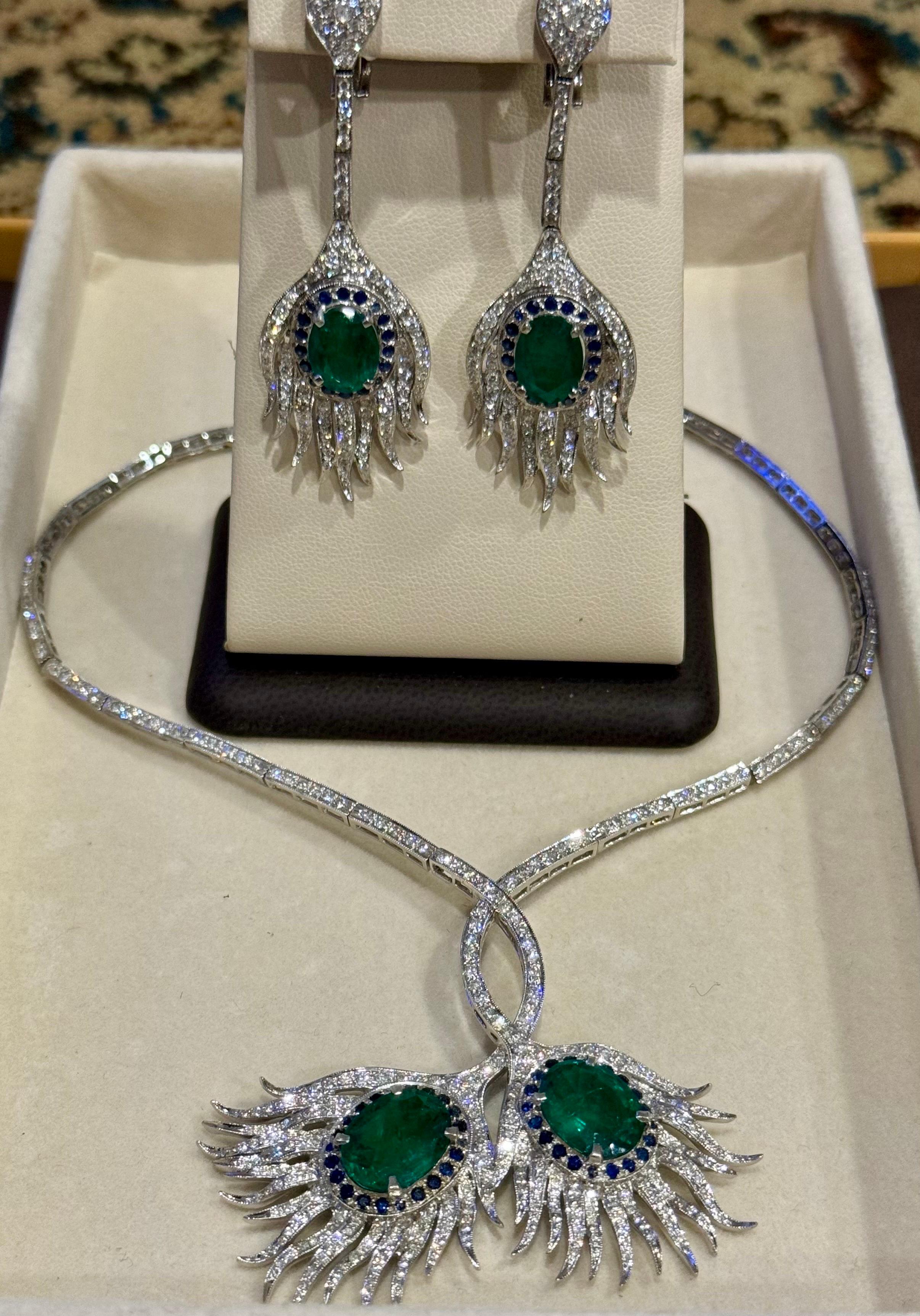 Women's GIA Certified 20ct Zambian Emerald & 15ct Diamond Necklace Earring Suite 18KWG For Sale