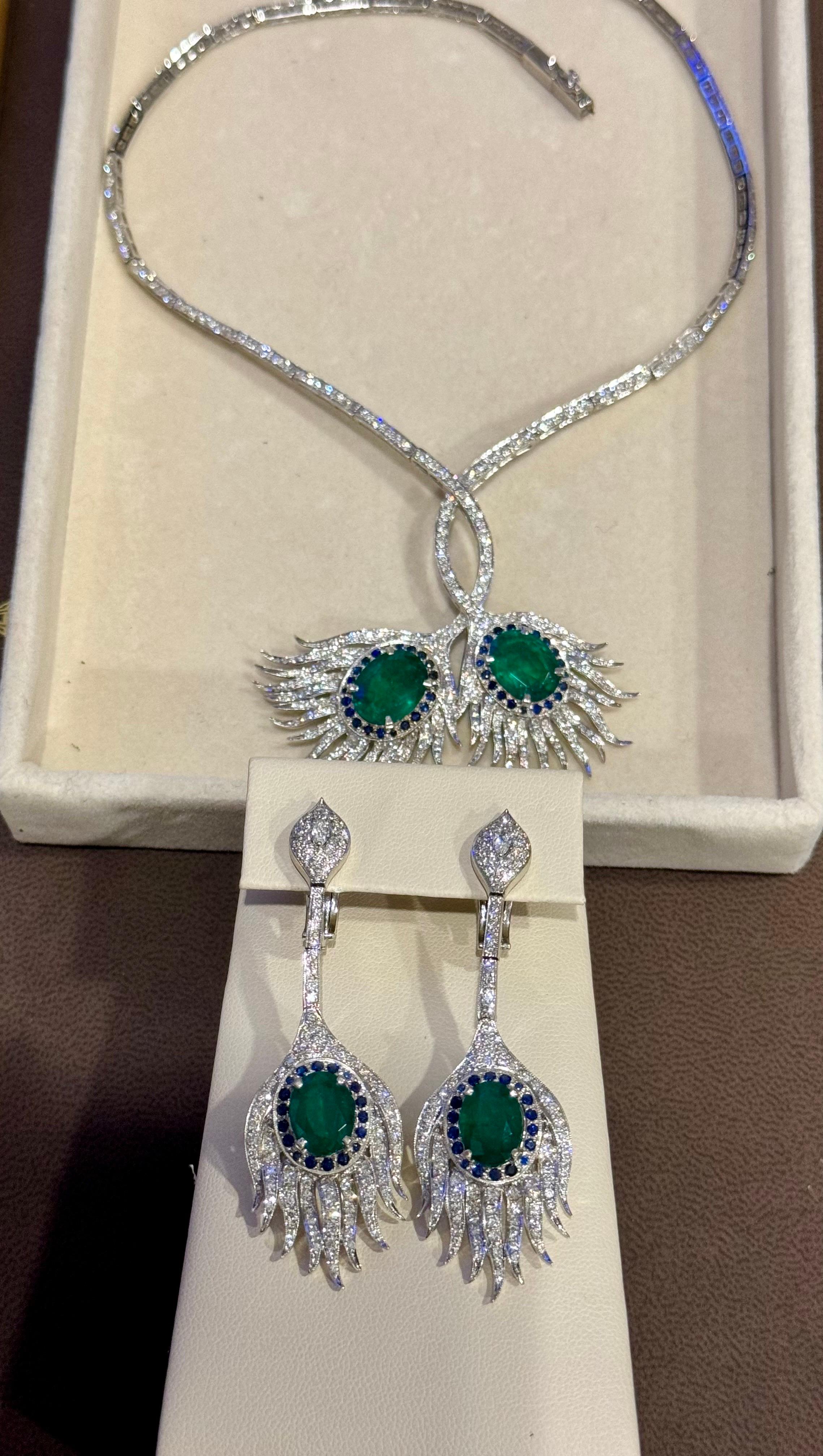 GIA Certified 20ct Zambian Emerald & 15ct Diamond Necklace Earring Suite 18KWG For Sale 1