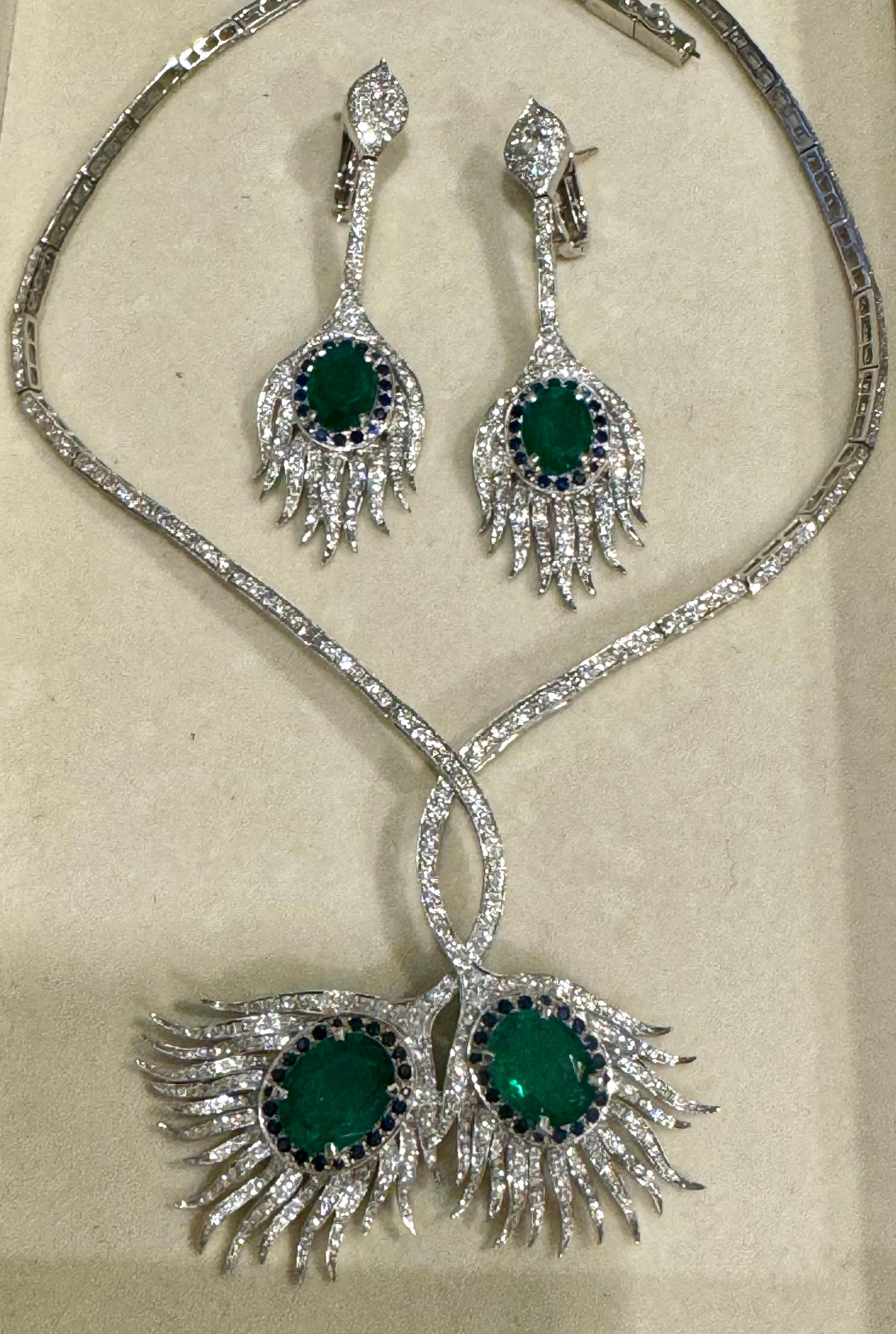 GIA Certified 20ct Zambian Emerald & 15ct Diamond Necklace Earring Suite 18KWG For Sale 2