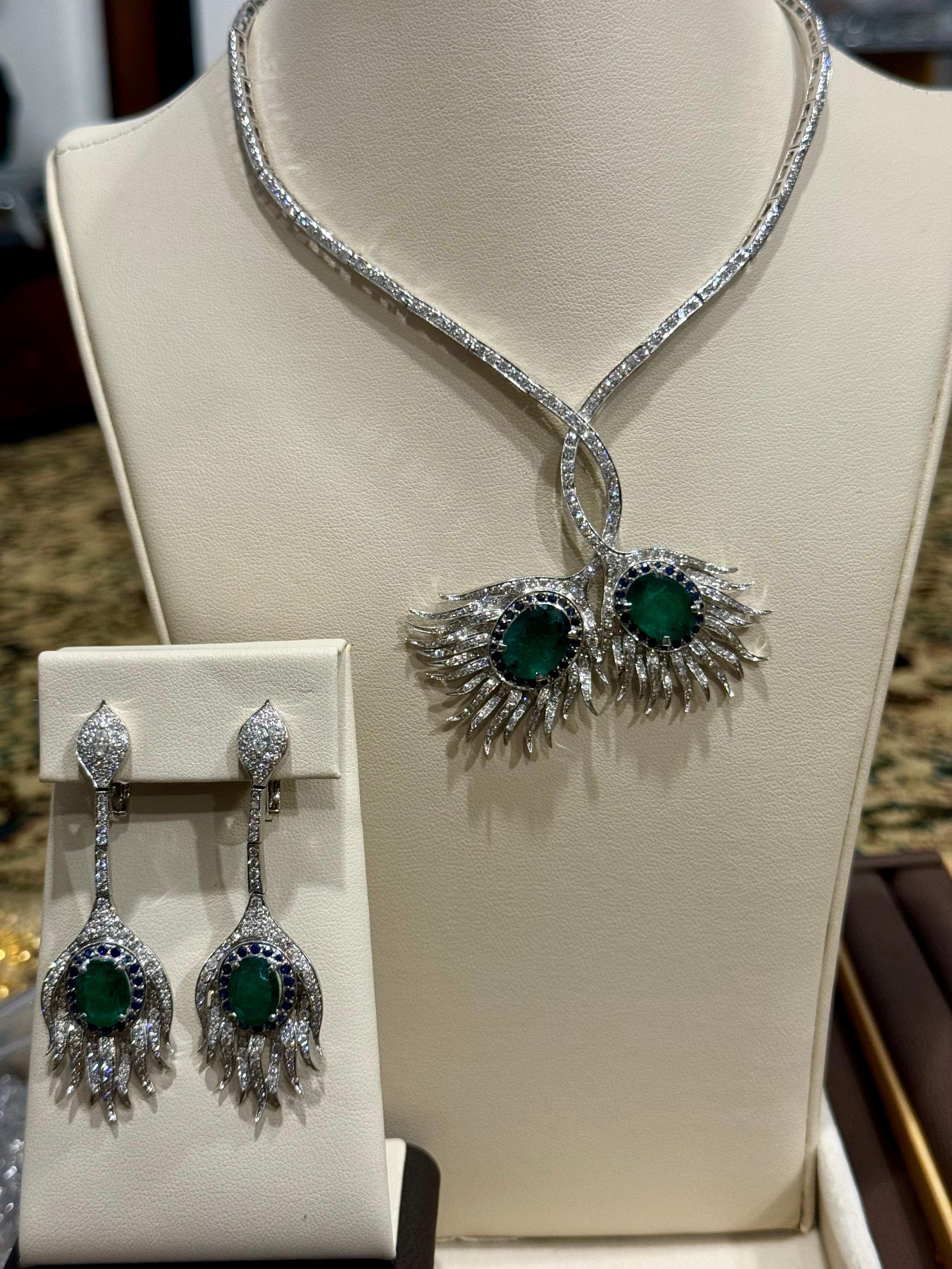 GIA Certified 20ct Zambian Emerald & 15ct Diamond Necklace Earring Suite 18KWG For Sale 3