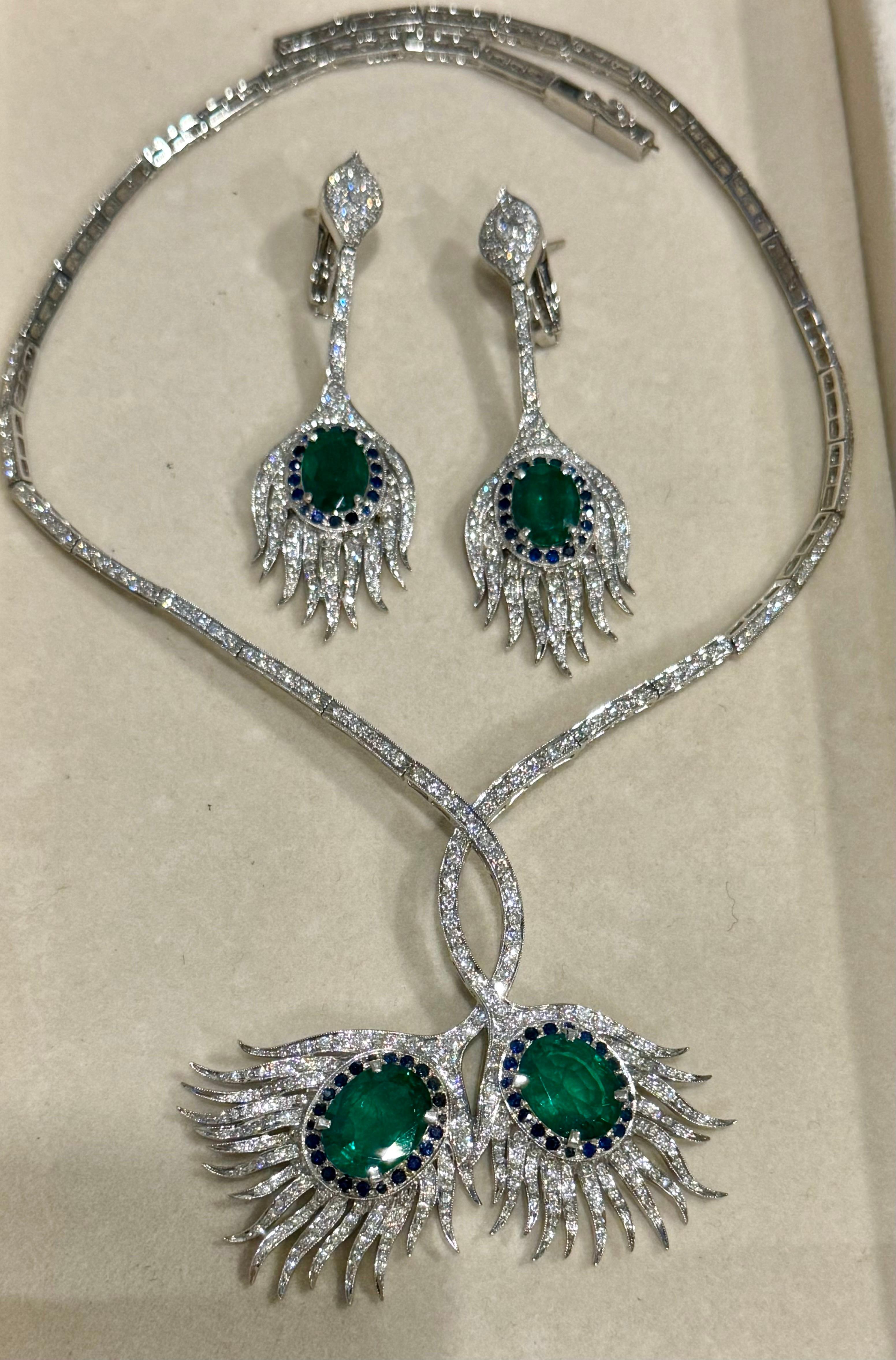 GIA Certified 20ct Zambian Emerald & 15ct Diamond Necklace Earring Suite 18KWG For Sale 4