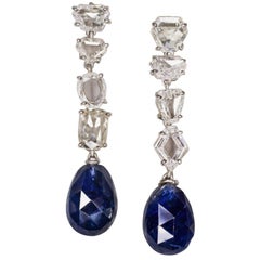 Vintage GIA Certified 21 Carat Burma No Heat Royal Blue Sapphire Diamond Dangle Earrings