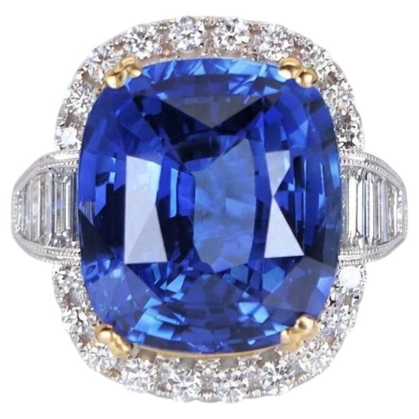 GIA Certified 21 Carat Cushion Sapphire Diamond Halo Cocktail Ring