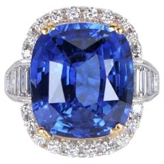 GIA Certified 21 Carat Cushion Sapphire Diamond Halo Cocktail Ring