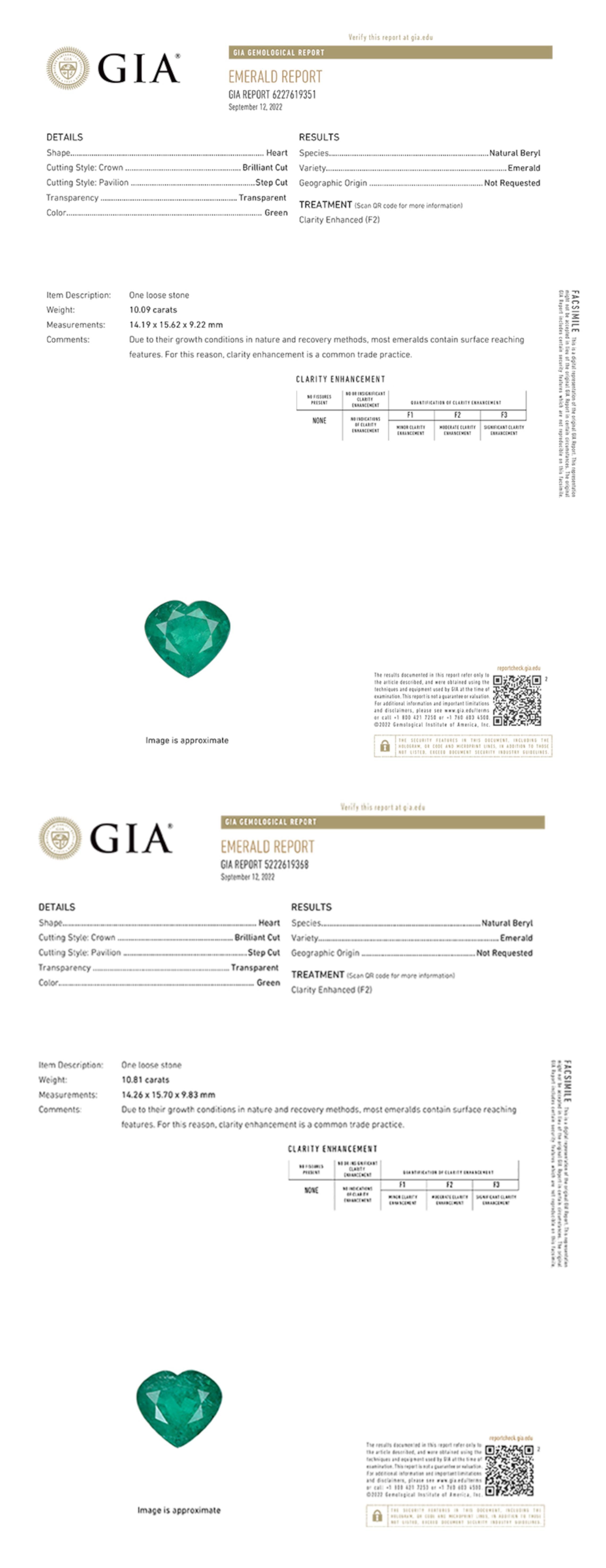 Contemporary GIA Certified 21 Carat Total Heart Shape Emerald and Diamond Earrings For Sale
