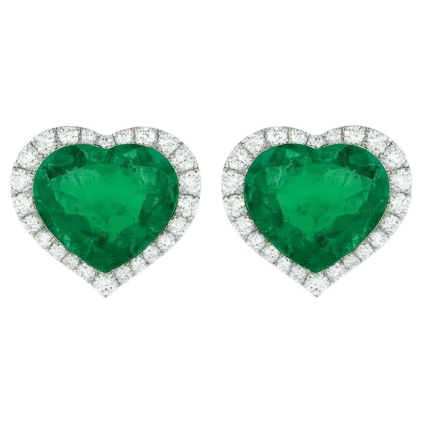 GIA Certified 21 Carat Total Heart Shape Emerald and Diamond Earrings For Sale