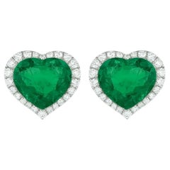 GIA Certified 21 Carat Total Heart Shape Emerald and Diamond Earrings
