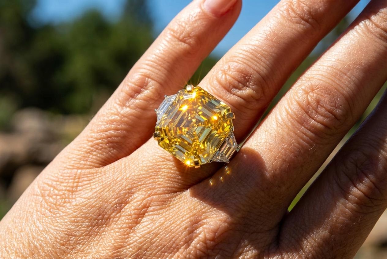 Contemporain GIA Certified 21 ct Fancy VIVID Yellow Emerald-Cut Diamond Ring (bague en diamant taillé en émeraude) en vente