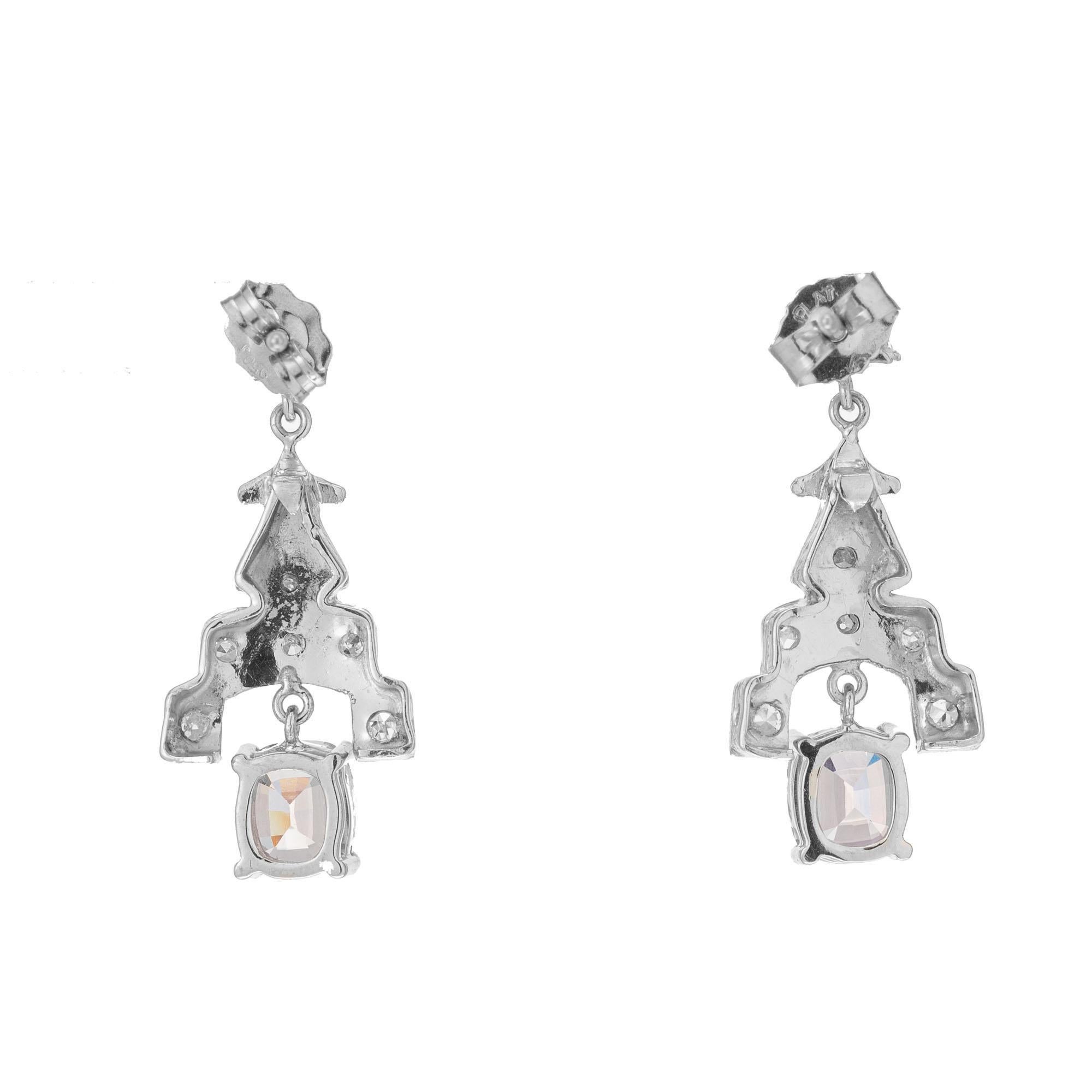 Art Deco 1920's GIA Certified light pink sapphire and diamond dangle earrings. 2 cushion cut pink sapphire dangles accented with 14 single cut diamonds and 2 half-moon diamonds, in platinum.

2 cushion pink sapphires, approx. 2.10cts GIA Certificate