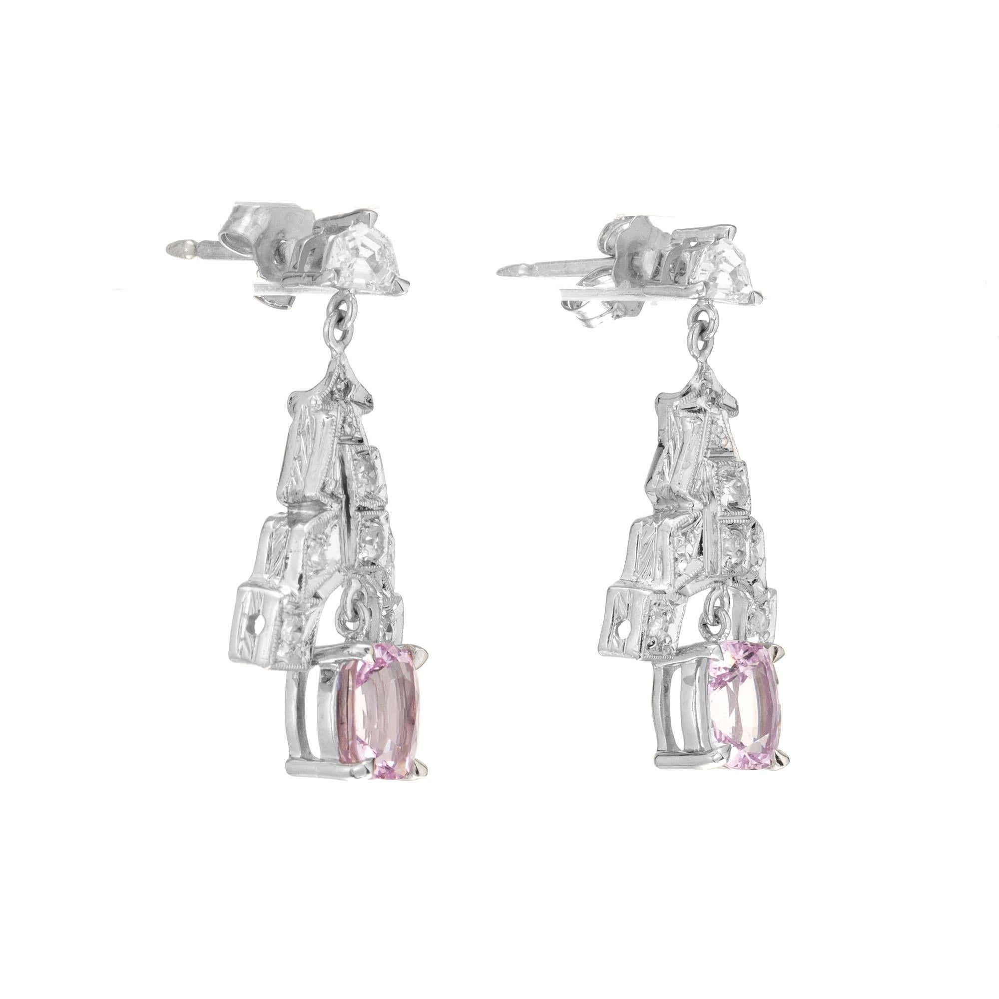 Cushion Cut GIA Certified 2.10 Carat Pink Sapphire Diamond Platinum Dangle Earrings For Sale
