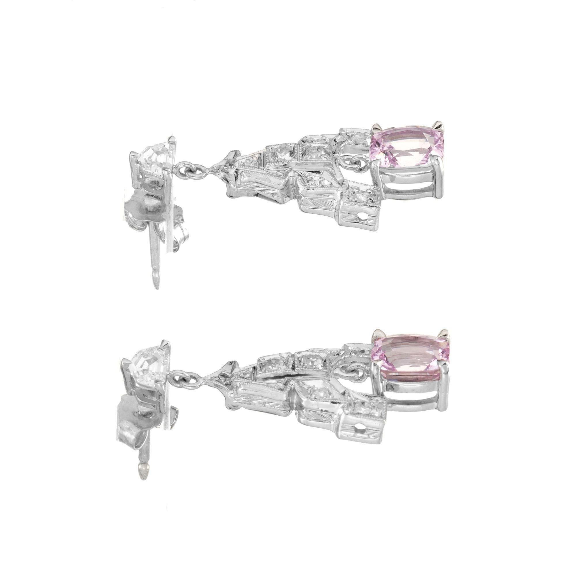 Women's GIA Certified 2.10 Carat Pink Sapphire Diamond Platinum Dangle Earrings For Sale