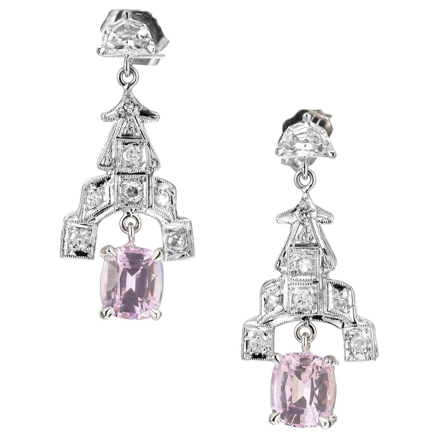 GIA Certified 2.10 Carat Pink Sapphire Diamond Platinum Dangle Earrings For Sale