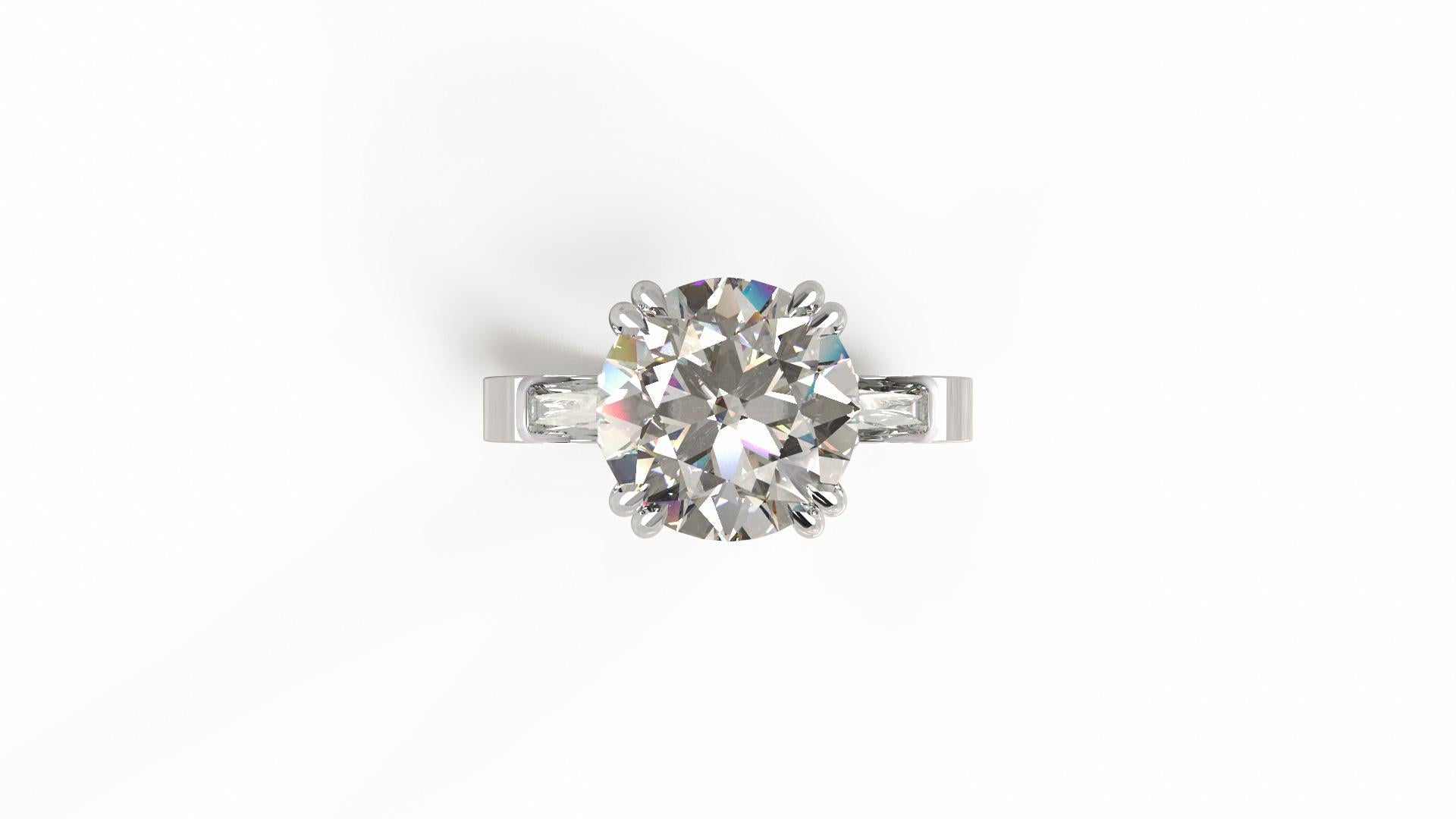 Le diamant central est un magnifique diamant certifié de taille ronde de 1,40 F de couleur SI1 et de clarté, entouré de diamants baguettes effilés de 0,50 carat 
La pierre principale est triple excellente
aucun fluo