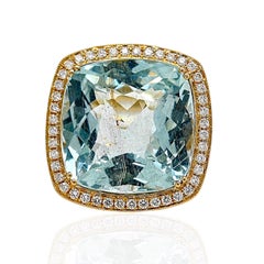 GIA-zertifizierter 21.07 Karat Aquamarin und weißer Diamant Gelbgoldring