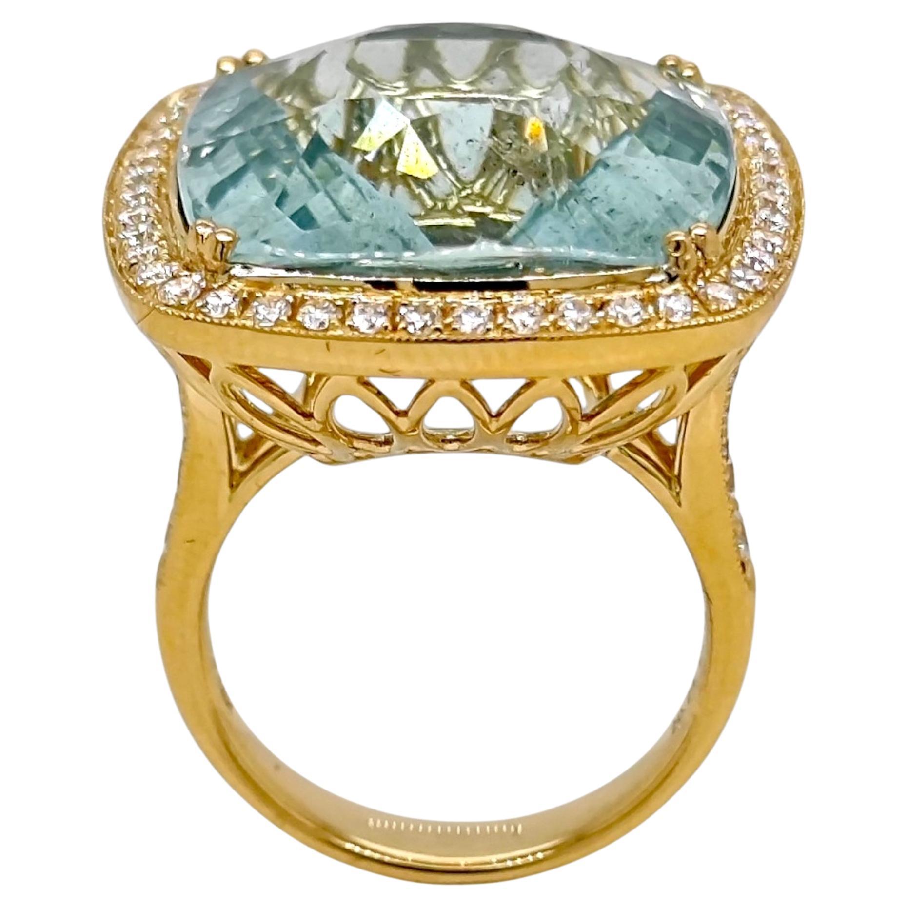 GIA Certified 21.07 Carat Aquamarine and White Diamond Yellow Gold Ring