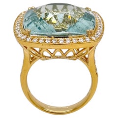 GIA Certified 21.07 Carat Aquamarine and White Diamond Yellow Gold Ring