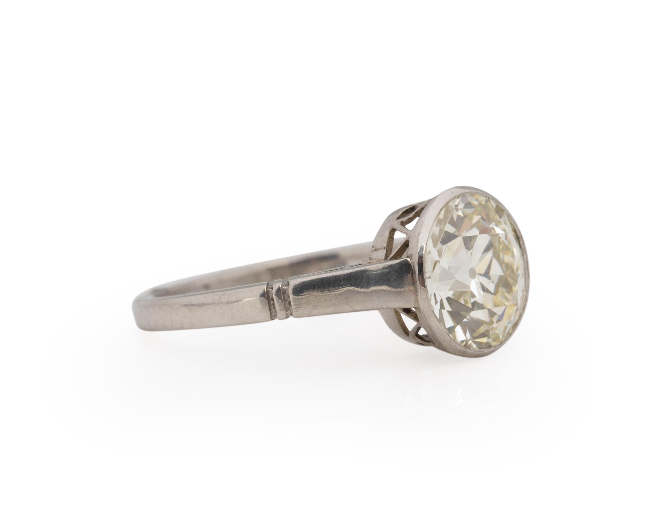 Ring Size: 5.5
Metal Type: Platinum [Hallmarked, and Tested]
Weight: 3.9 grams
Hallmarks: French hallmark on inner shank

Center Diamond Details:
GIA REPORT #: 5221022929
Weight: 2.11ct
Cut: Old European brilliant
Color: O/P
Clarity: