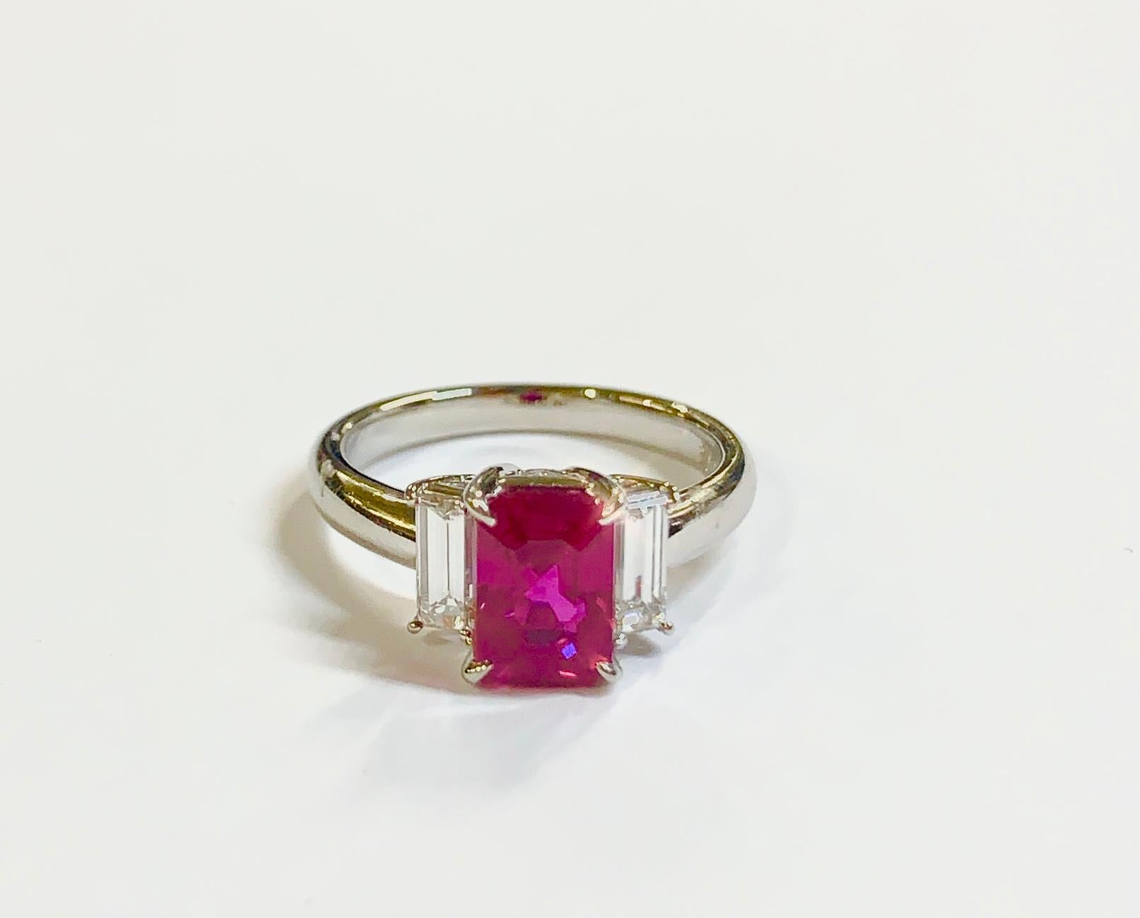 Baguette Cut GIA Certified 2.11 Carat Burmese Ruby and Diamond Platinum Ring  For Sale
