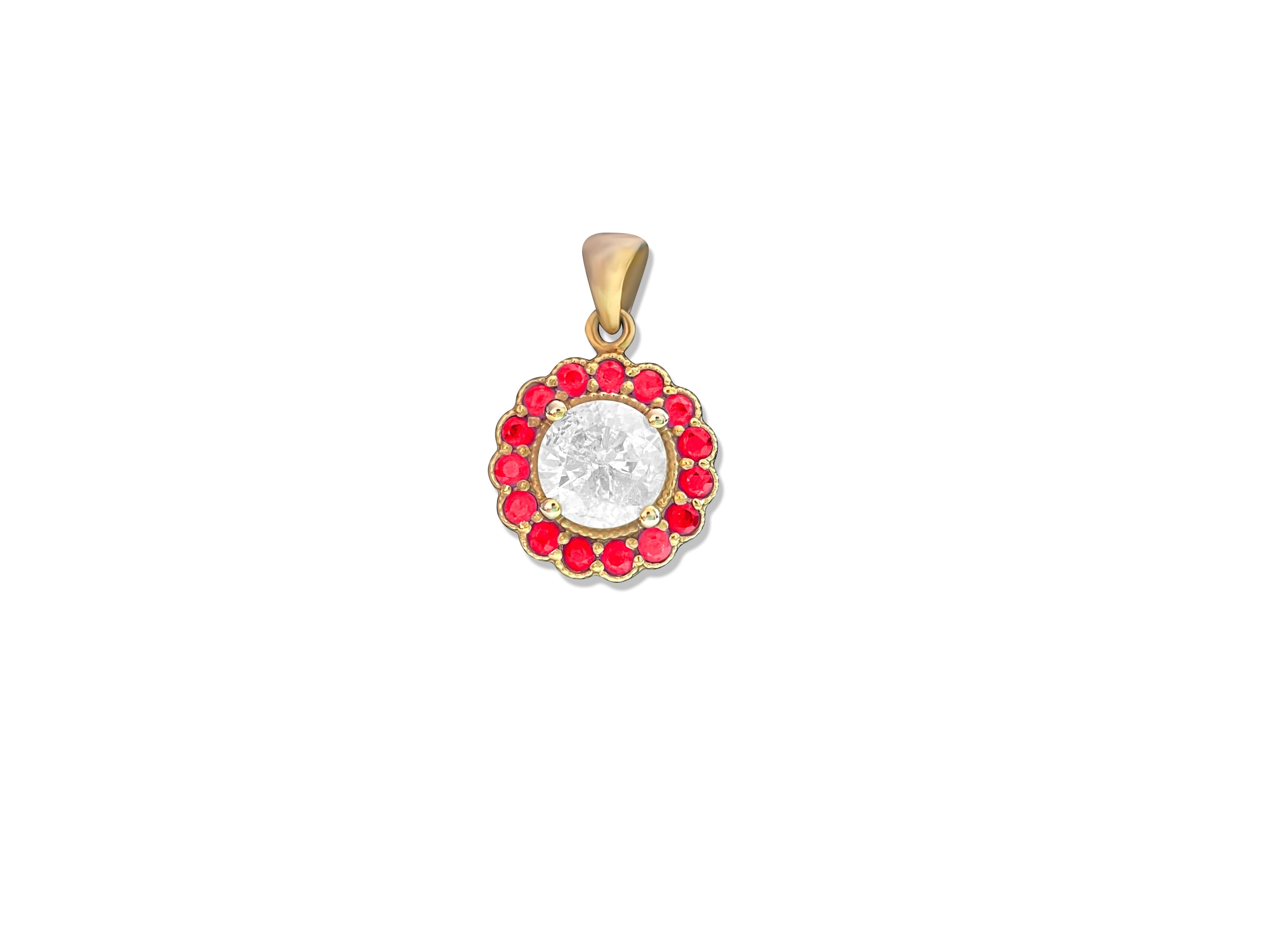 Metal: 14K Yellow Gold.

Center Stone: 1.51 Carat Natural Diamond. I2 clarity and G color.

Side Stones: 0.60 carat natural Burma rubies.

Total Carat Weight: 2.11 Carats.

All stones are 100% natural earth mined.

Certified by GIA graduate