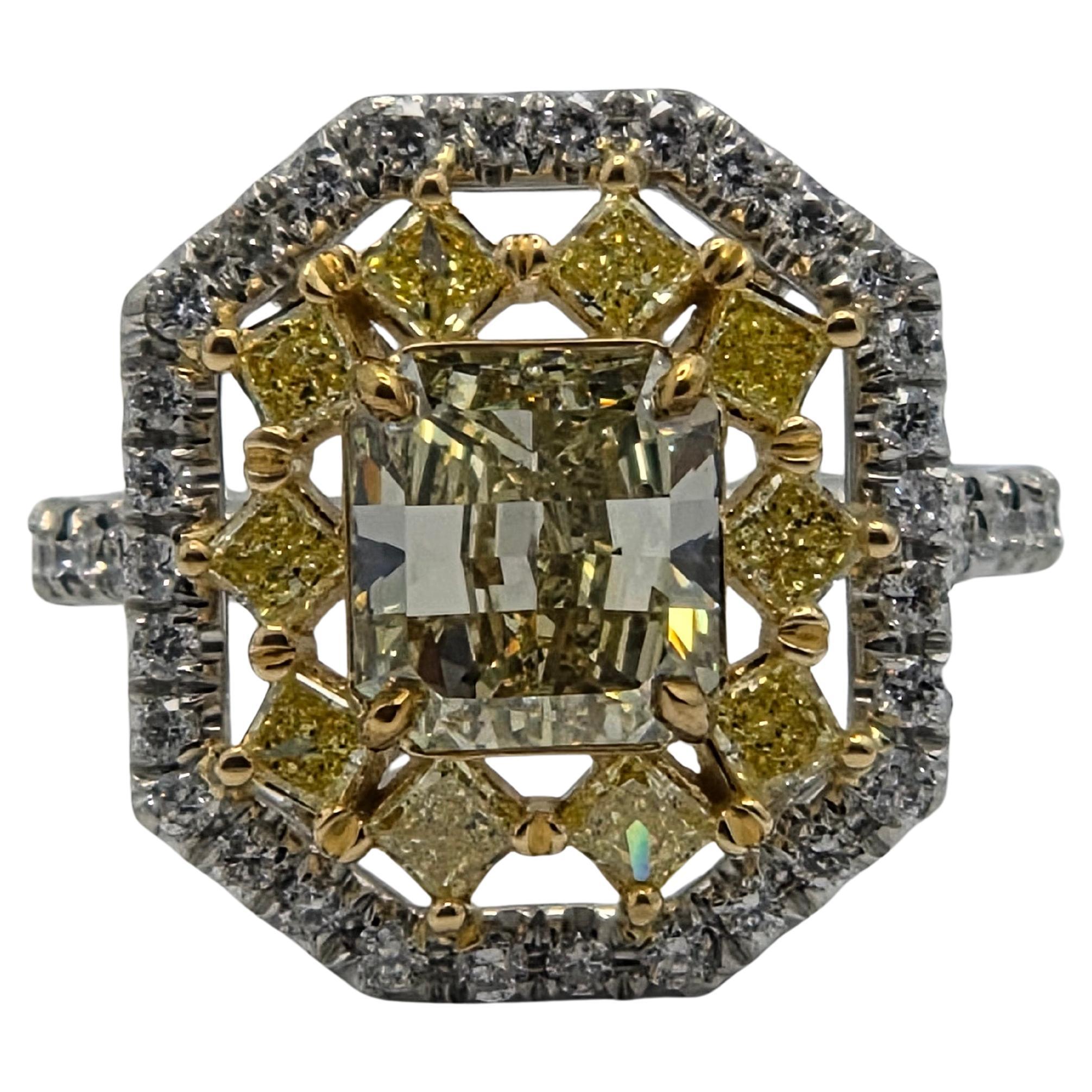 GIA Certified 2.11 Carat Fancy Green-Yellow Diamond Ring with Yellow Accents For Sale