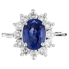GIA Certified 2.11 Carat Oval Sapphire Diamond Halo White Gold Engagement Ring
