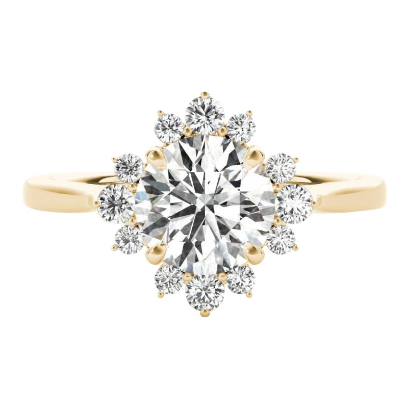GIA Certified 2,11 Carat Round Halo Flower Cluster Anello con diamanti in oro giallo 18K