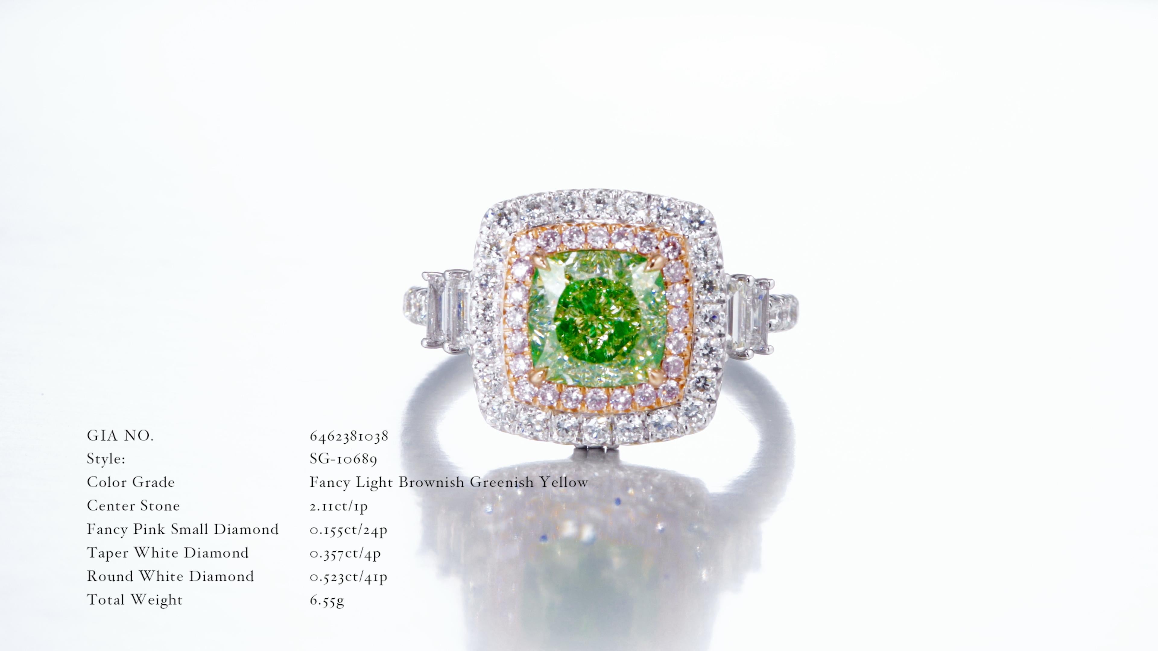 GIA Certified 2.11-carat Natural Fancy Light Brownish Greenish Yellow Cushion Ring, a masterpiece that captivates with its enchanting green hue and exquisite design. This ring showcases a central diamond with a mesmerizing greenish-yellow tint,