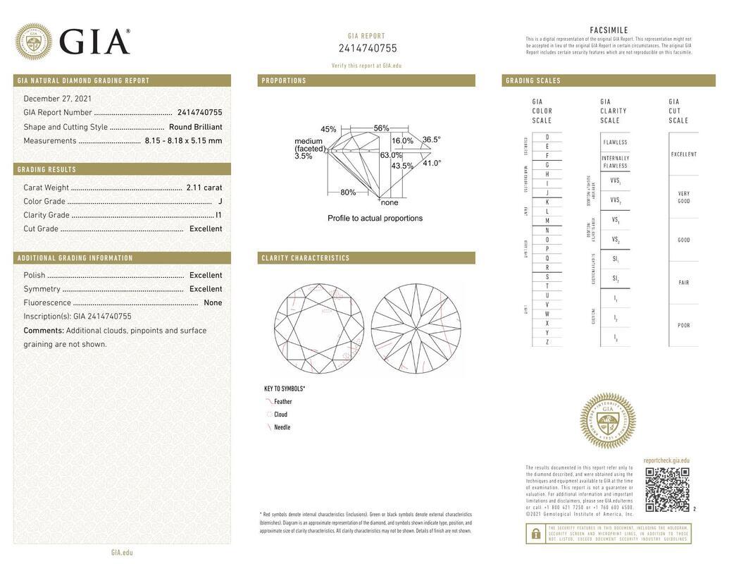 Contemporary GIA Certified 2.11ct Round Slim Band Classic Solitaire Diamond Ring For Sale