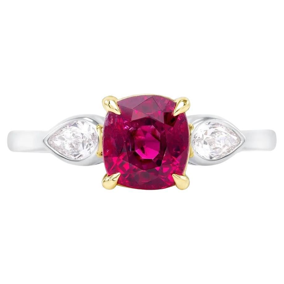 GIA certified 2.11ct untreated, cushion-cut Mozambique ruby ring. For Sale