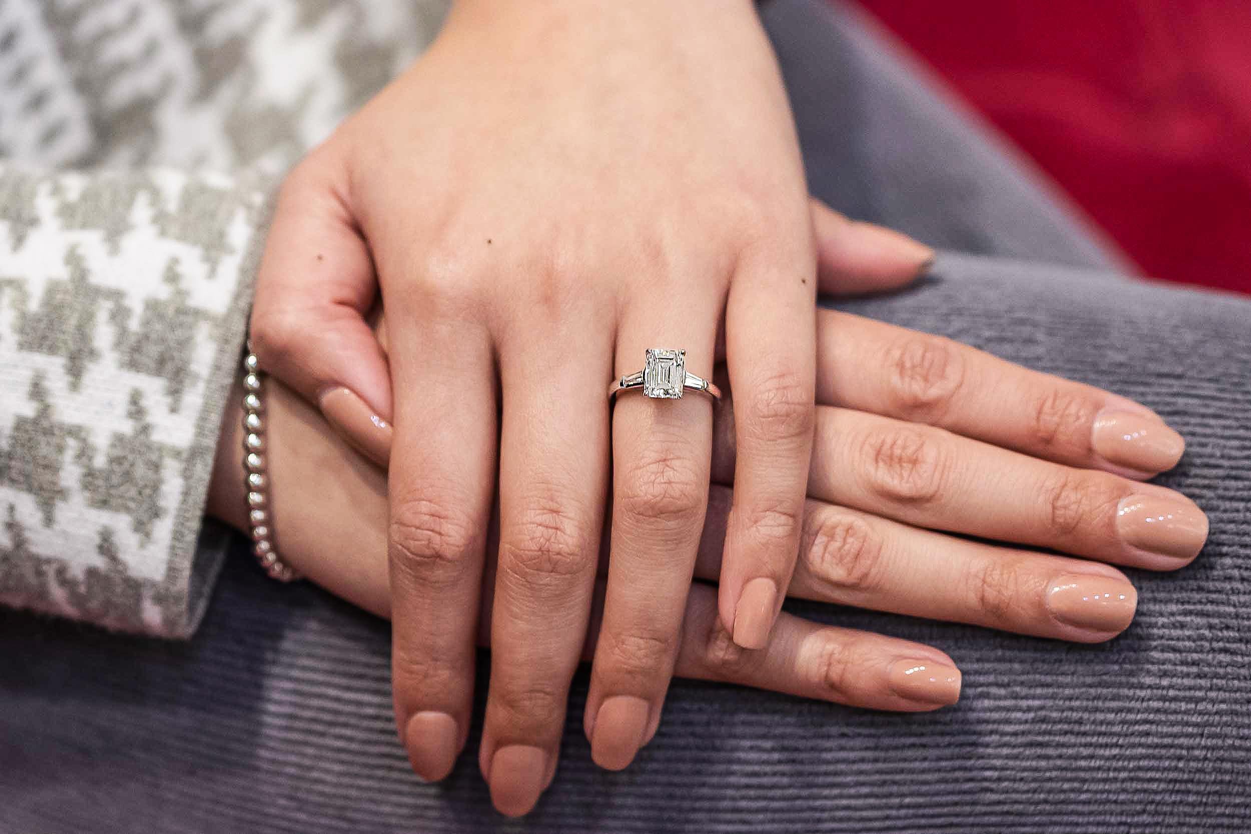 Women's GIA Certified 2.12 Carat Emerald Cut Diamond Three-Stone Engagement Ring