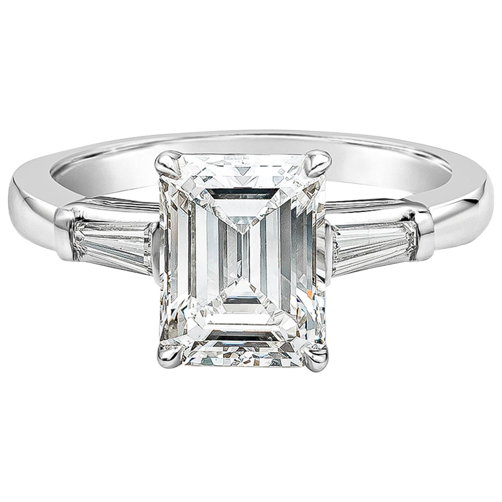 GIA Certified 2.12 Carat Emerald Cut Diamond Three-Stone Engagement Ring
