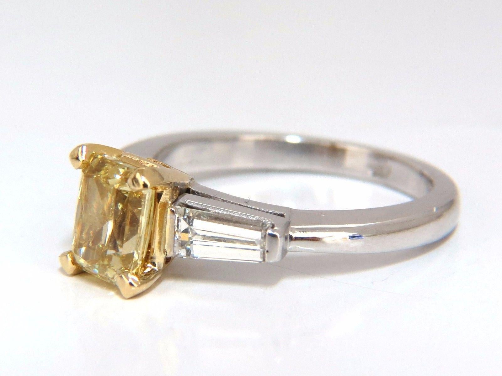 Radiant Yellow

GIA Certified 1.37ct radiant cut diamond ring.

Fancy Brownish yellow color

Si-1 clarity

Report Id: 2175348603

Please see attached photo for report. 

.75ct. Baguette, full cut diamonds.

H Color Vs-2 clarity.

14kt white gold.

4