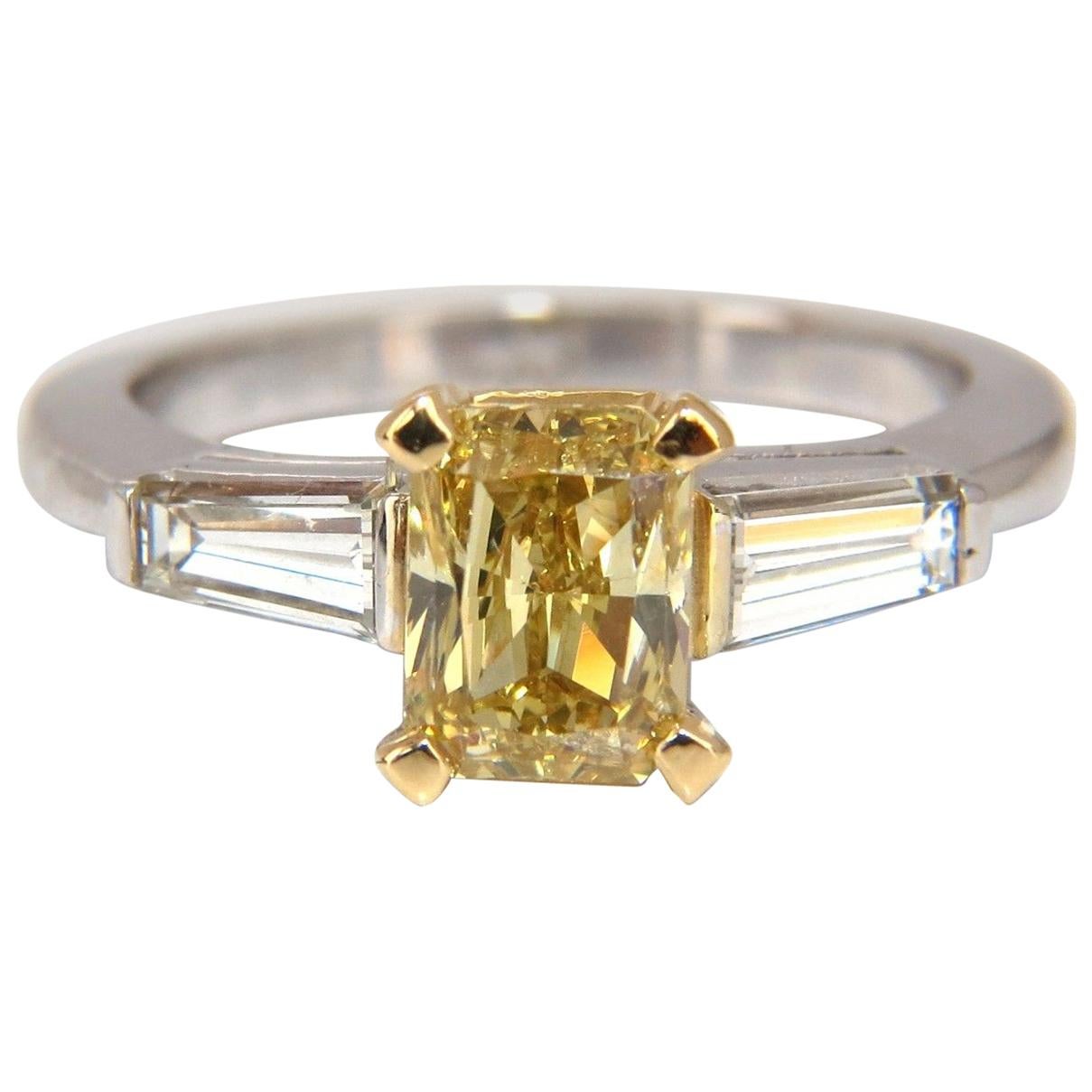 GIA Certified 2.12 Carat Fancy Yellow Radiant Cut Diamond Ring 14 Karat*