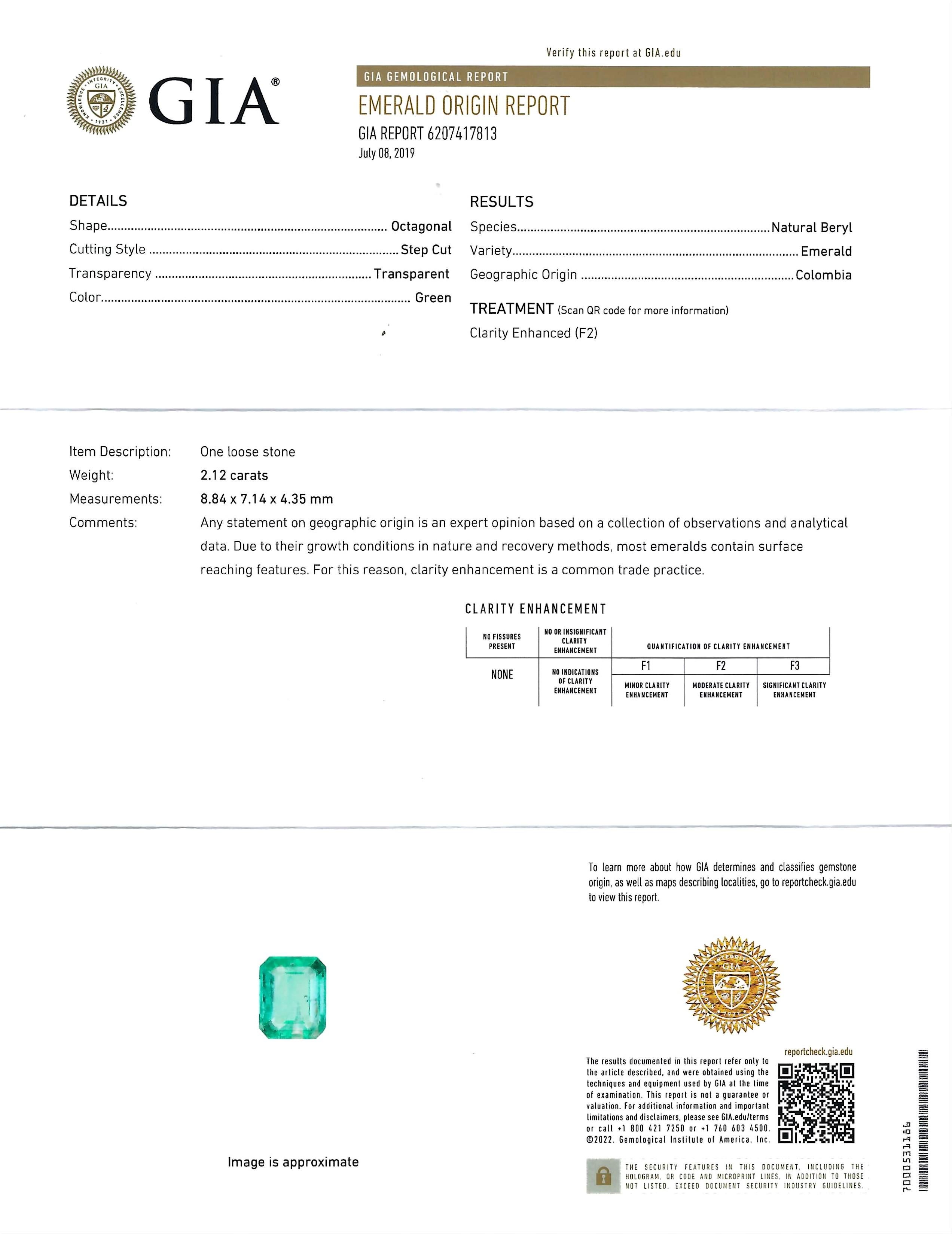 Women's or Men's GIA Certified 2.12 Emerald Cut Natural Colombian Emerald & Diamond18 Karat Ring For Sale