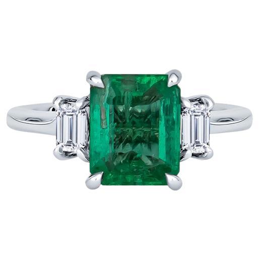 GIA Certified 2.12 Emerald Cut Natural Colombian Emerald & Diamond18 Karat Ring For Sale
