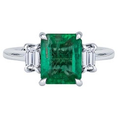 GIA Certified 2.12 Emerald Cut Natural Colombian Emerald & Diamond18 Karat Ring