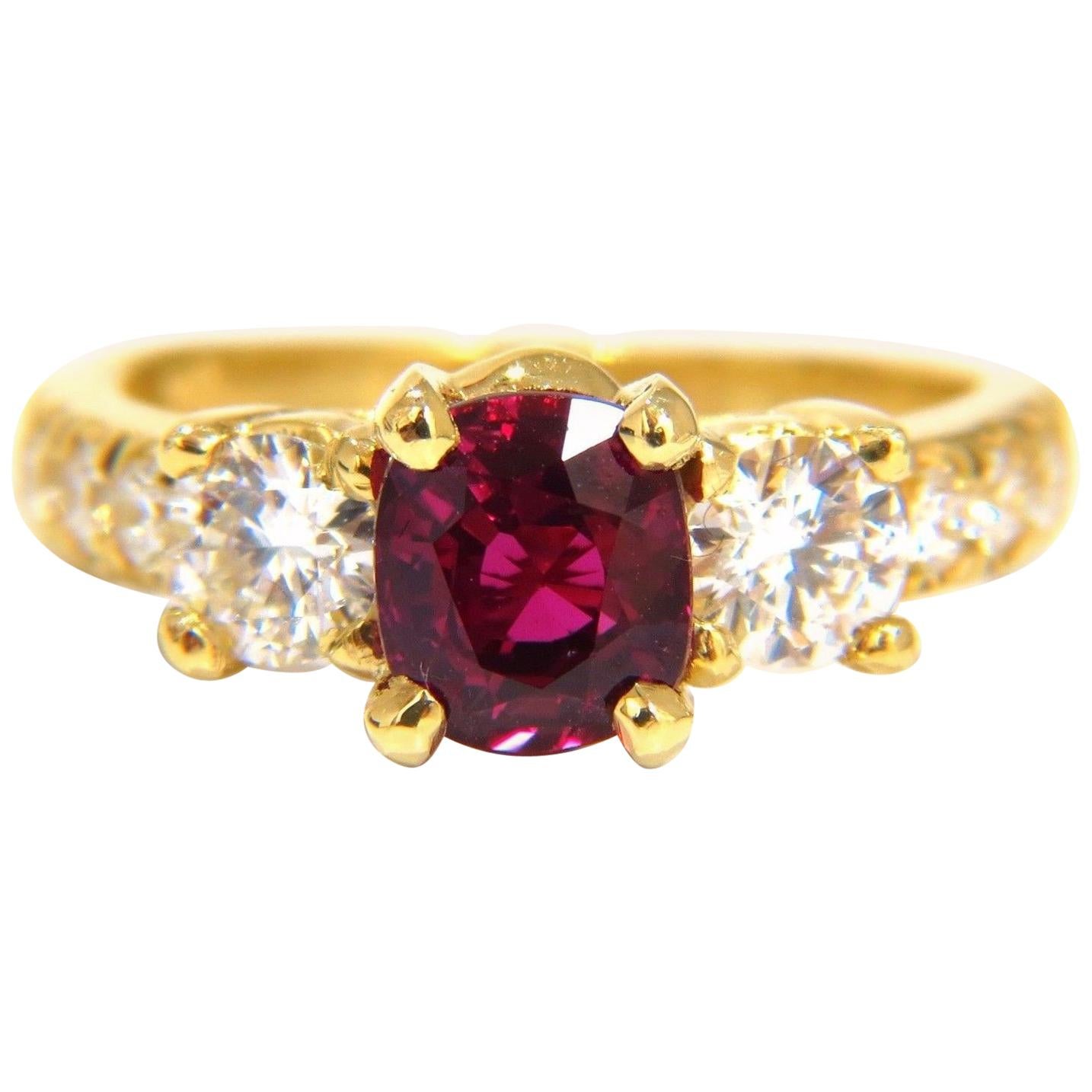 GIA Certified 2.12ct cushion cut vivid red ruby 1.06ct diamonds ring 18kt For Sale