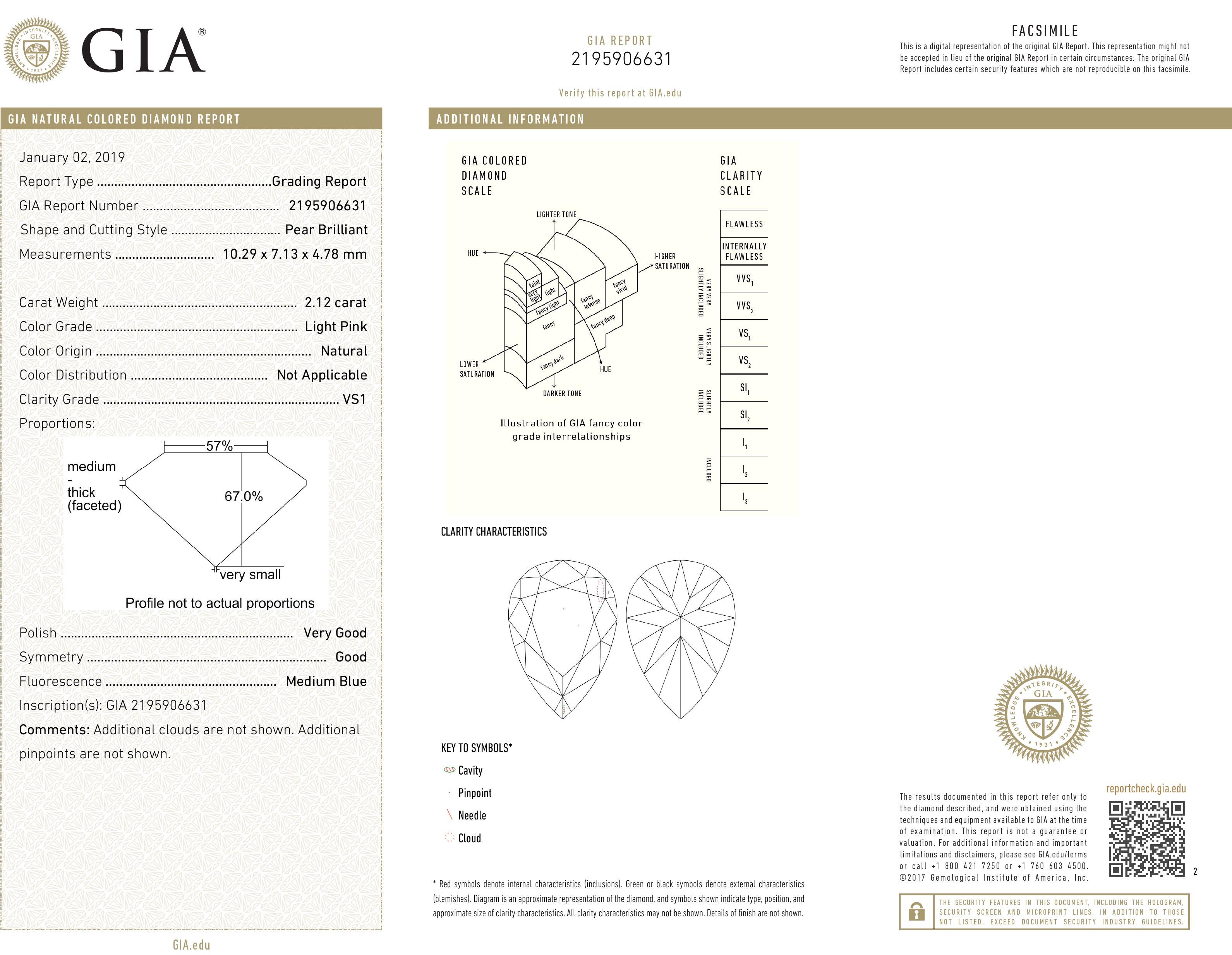 Laissez-vous séduire par la beauté rare et raffinée de cette bague de fiançailles époustouflante, réalisée à la main en platine et en or rose 18 carats. En son cœur se trouve un diamant poire rose clair naturel de 2,12 carats, certifié par la GIA,