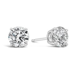GIA Certified 2.13 Carats Total, Round Brilliant Cut Diamond Stud Earrings