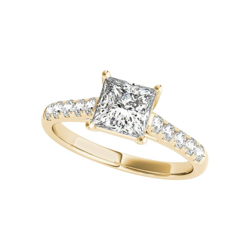 Bague en or jaune avec diamant certifié GIA de 2.14 carat Princesse Cathédrale Treillis