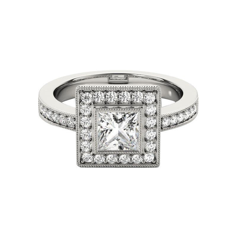 Bague à diamant en platine certifiée GIA 2,14 carats Princess Square Halo Milgrain