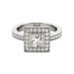 Bague à diamant en platine certifiée GIA 2,14 carats Princess Square Halo Milgrain