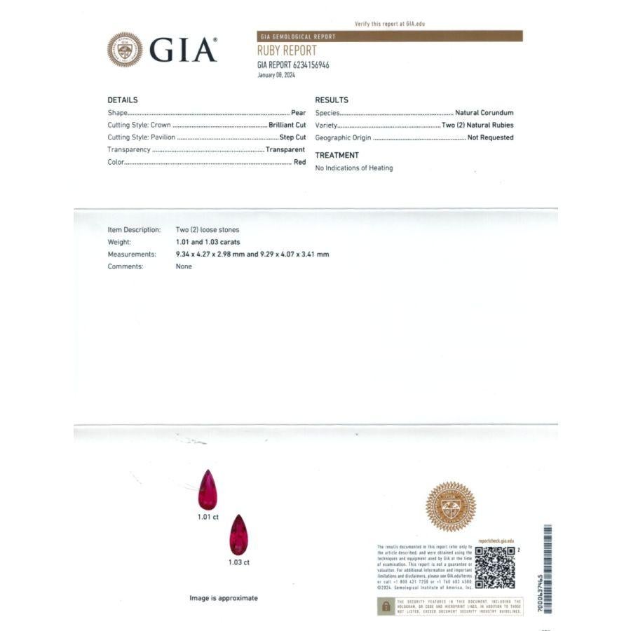 Nous vous présentons un rubis naturel non chauffé à couper le souffle, pesant 2,14 carats, certifié par le GIA. Ces gemmes en forme de poire, mesurant 11,14 x 4,14 x 2,69 mm et 11,13 x 4,26 x 2,98 mm, présentent une taille brillante/étagée, qui