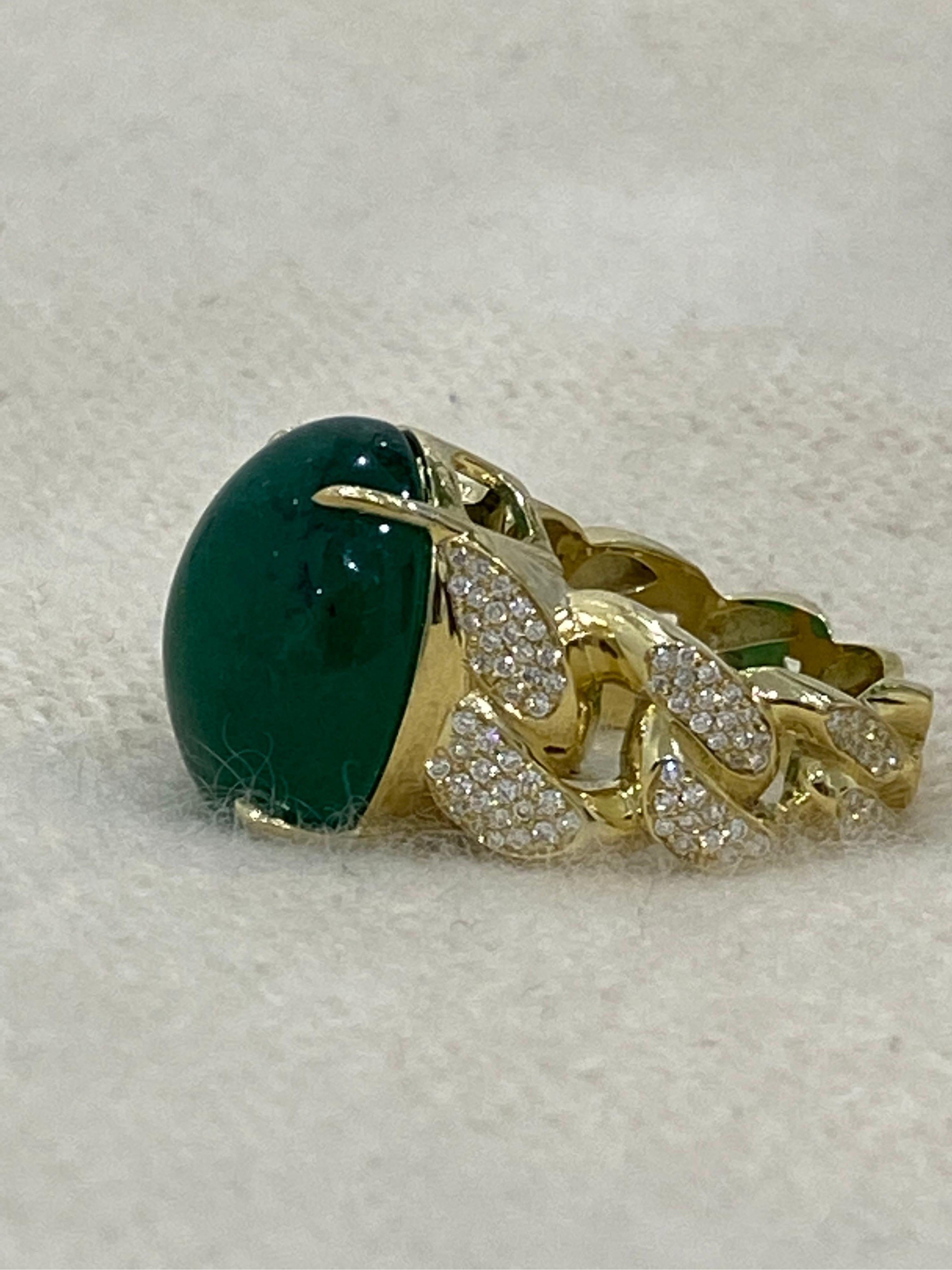 Contemporary Mindi Mond GIA Certified 21.46 Zambian Emerald Diamond Gold Link Ring For Sale